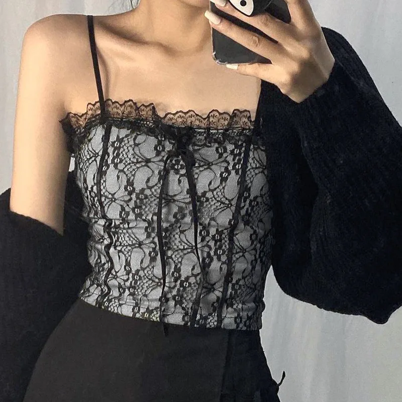 

Sexy Black Lace Patchwork Spaghetti Strap Top E-girl Slim Fit Crop Camis Backless Tops Y2K Women Summer Fashion Clothing