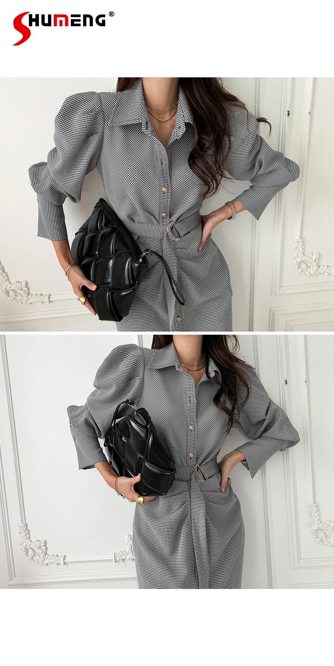 

Vintage Plaid Dress Women Turn Down Collar Casual Full Sleeve Single Breasted Dress Casual Female Long Dress