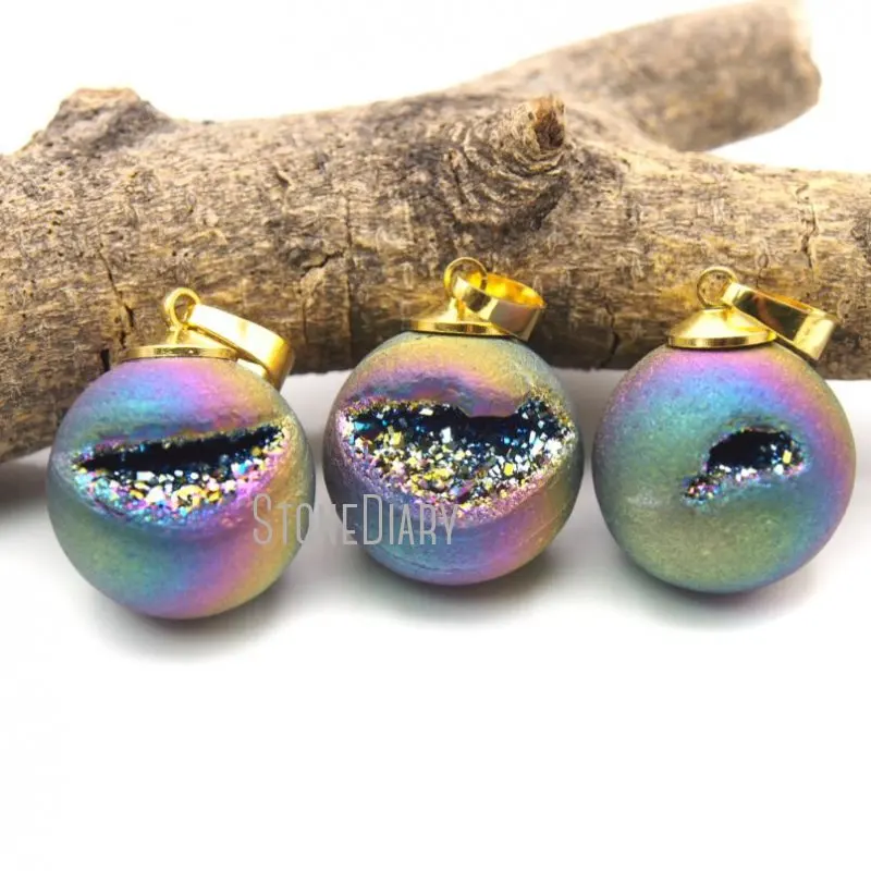 PM17335 Радужный кристалл друза медные круглые бусины подвеска титановое покрытие