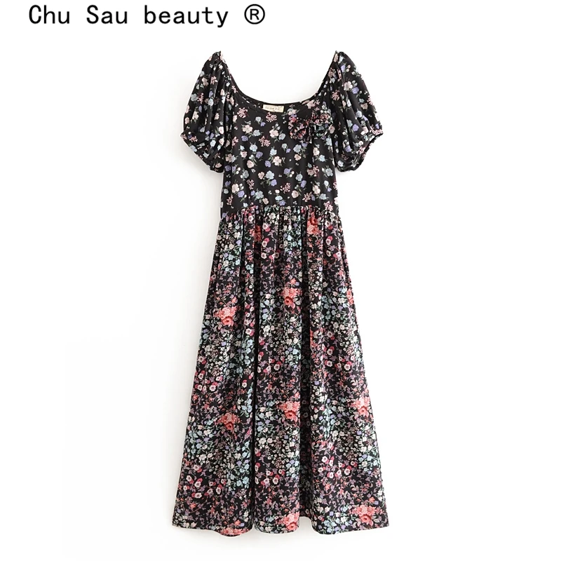 Платье Макси женское с цветочным принтом пышными рукавами и квадратным