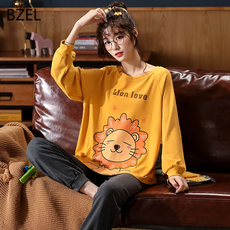 Одежда для сна Женская хлопковая с мультяшным львом свободная длинная Пижама |