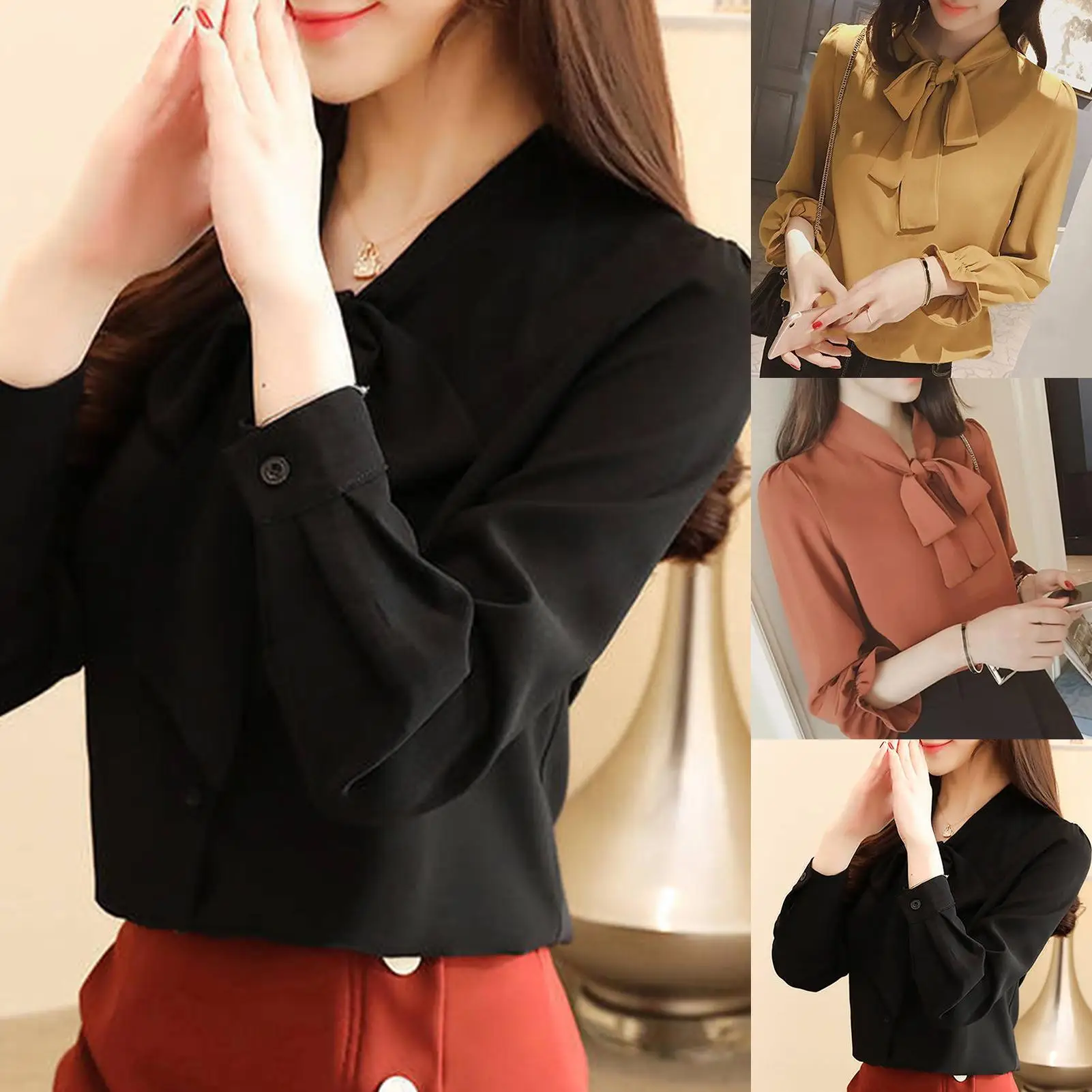 

Women Shirts Simple design long sleeve shirts Women Fashion Solid Color Long Puff Sleeve Blouse Buttons Necktie Bowknot Shirt