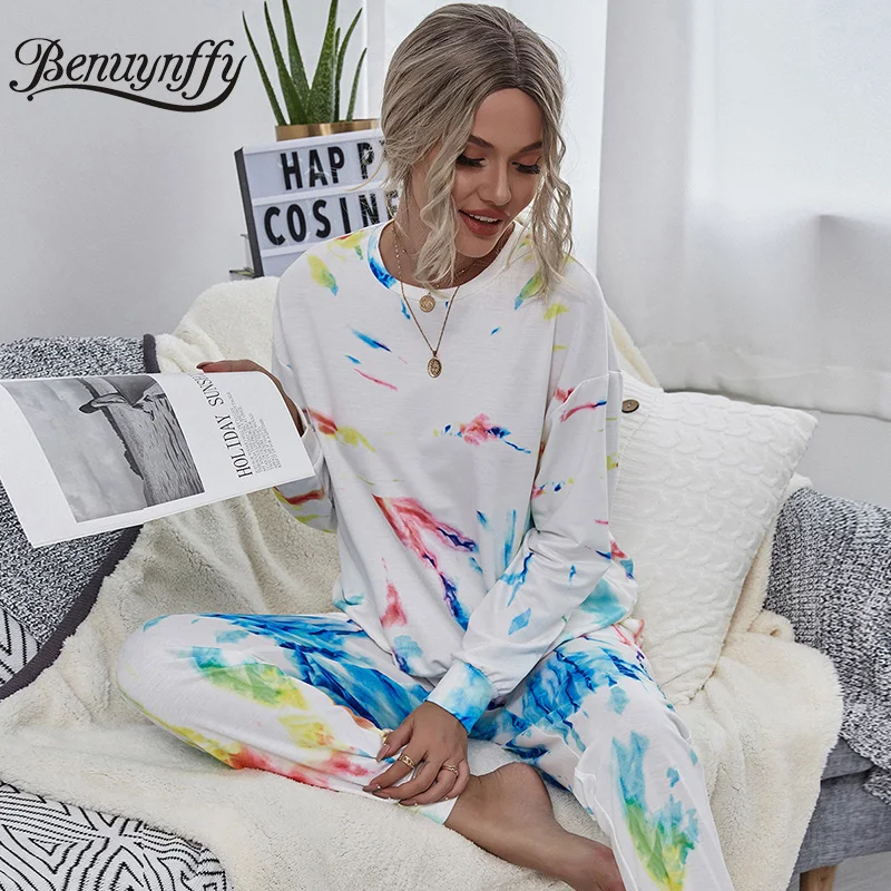 

Benuynffy Casual Home Tie Dye Tie Dye Two Piece Set Women Tracksuit Autumn Winter Korean Sweatshirt and Drawstring Pants Sets