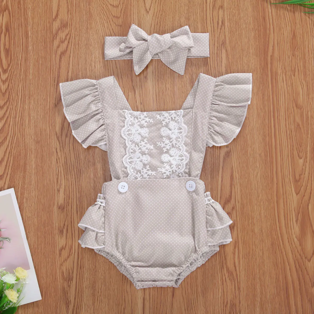 

Emmababy Одежда для новорожденных девочек дышащий цветочный/в горошек кружевное украшение рукав-летучая мышь комбинезон головной убор с банто...