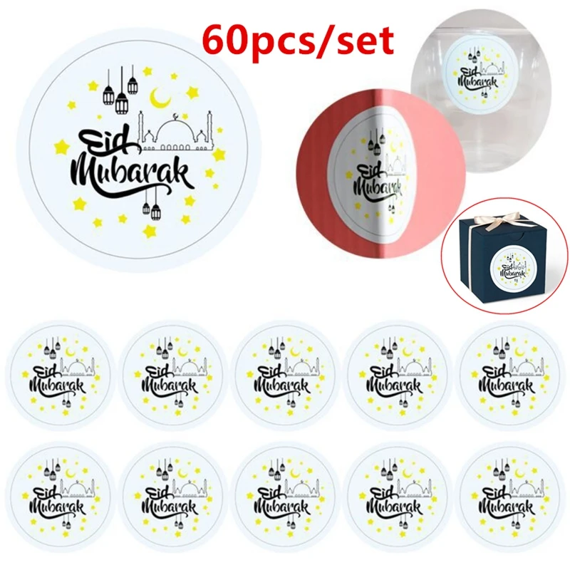 

60Pcs 4cm Eid Paper Sticker LableMubarak Decoration Seal Gift Sticker Islamic Muslim Mubarak Decoration Ramadan Supplies