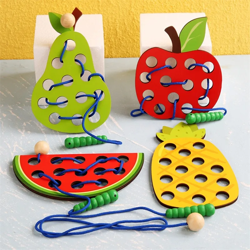 

Children Wooden Eat Fruit Apple Pear Maze Game Threading Rope Early Learning Teaching Aids Math Toy Kids Wood Puzzle Toys
