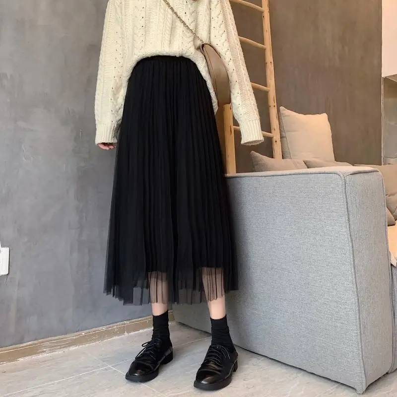 

New Autumn Winter Pleated Skirt Elastic High Waist Mesh A Line Women Warm Long Skirts Women Fashion Faldas Jupe Femme Streetwear