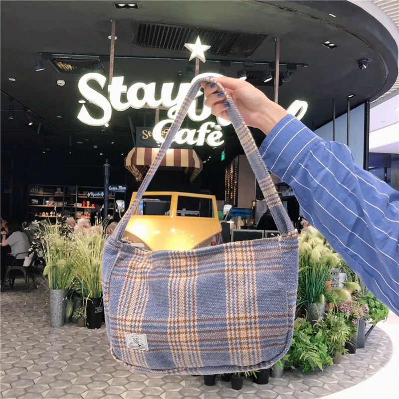 

Japanese Style Autumn Winter Retro Woolen Bag for Women New Vintage Student Plaid Striped Shoulder Baguette Bag Casual Handbag
