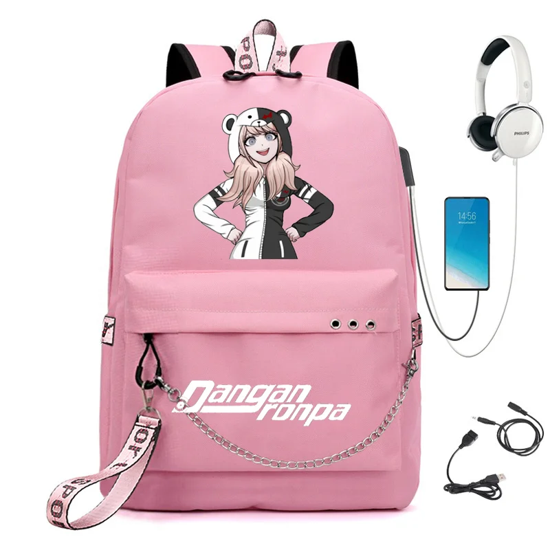 Аниме Danganronpa Junko рюкзак с цепочкой для женщин и мужчин USB зарядка холщовая