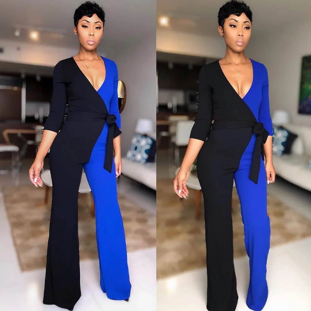 Комбинезон с запахом элегантные брюки длинным рукавом и широкими штанинами