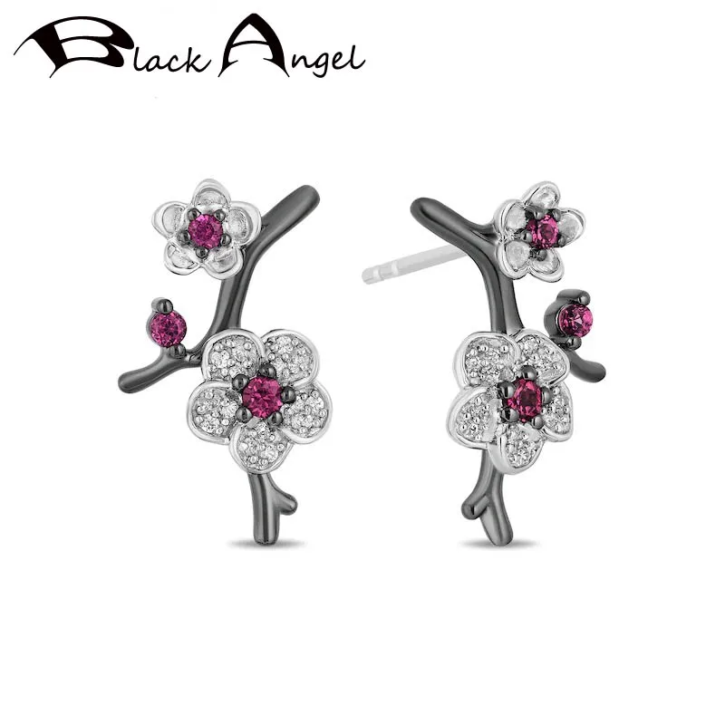 

BLACK ANGEL Luxury Ruby Plum Blossom Hua Mulan Stud Earrings Jewelry 925 Silver Earring 2020 New For Women Wholesale