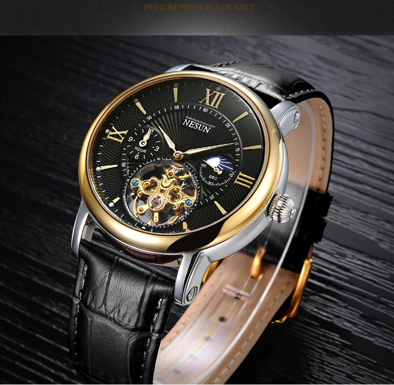 Швейцарские часы Nesun Skeleton Tourbillon для мужчин Топ люксовый бренд автоматические механические мужские часы водонепроницаемые relogio N9091-3