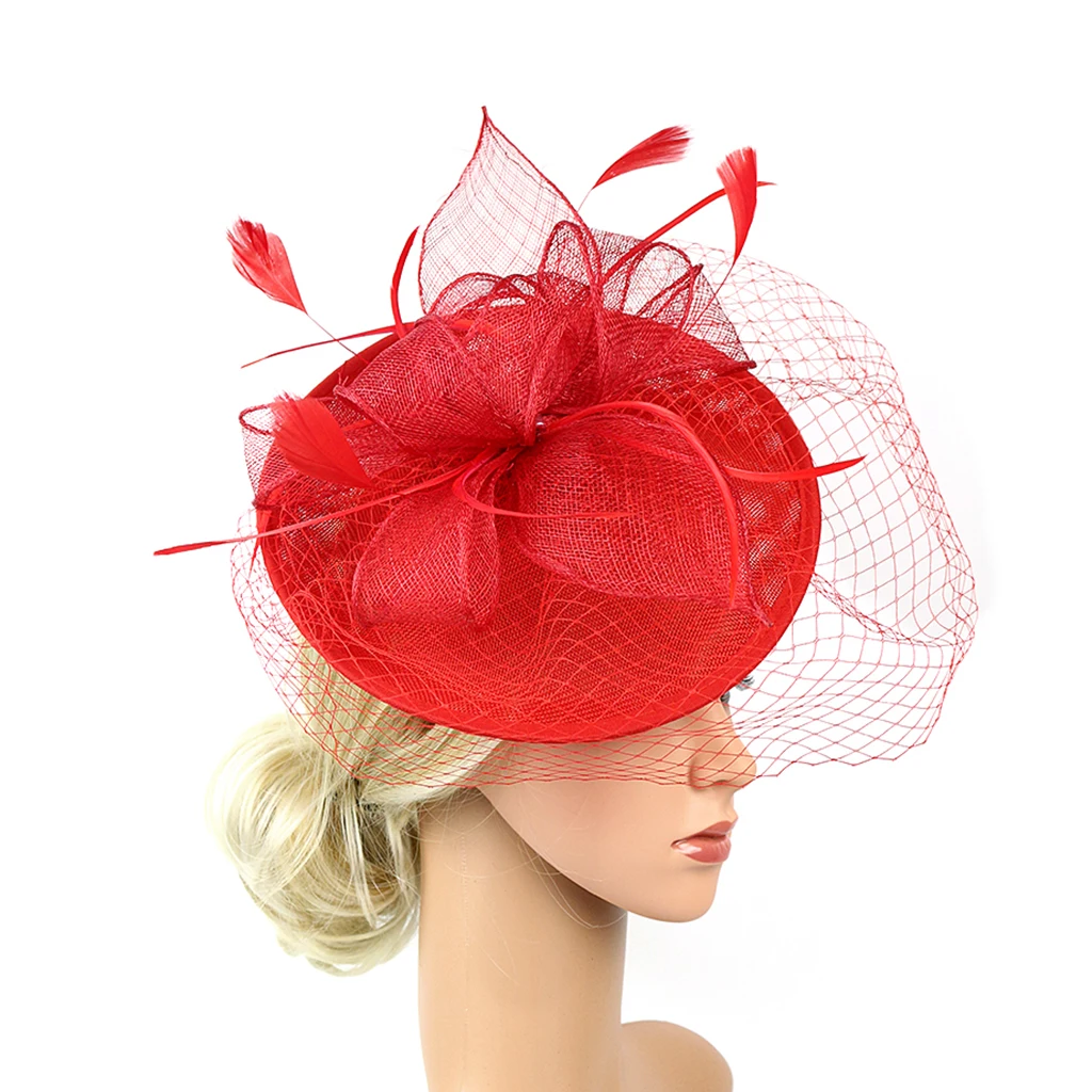 

Elegant Women Ladies Sinamay Hat Feather Headband Clip Fascinator Veil Wedding Party Royal Ascot Hair Accessories Headwear
