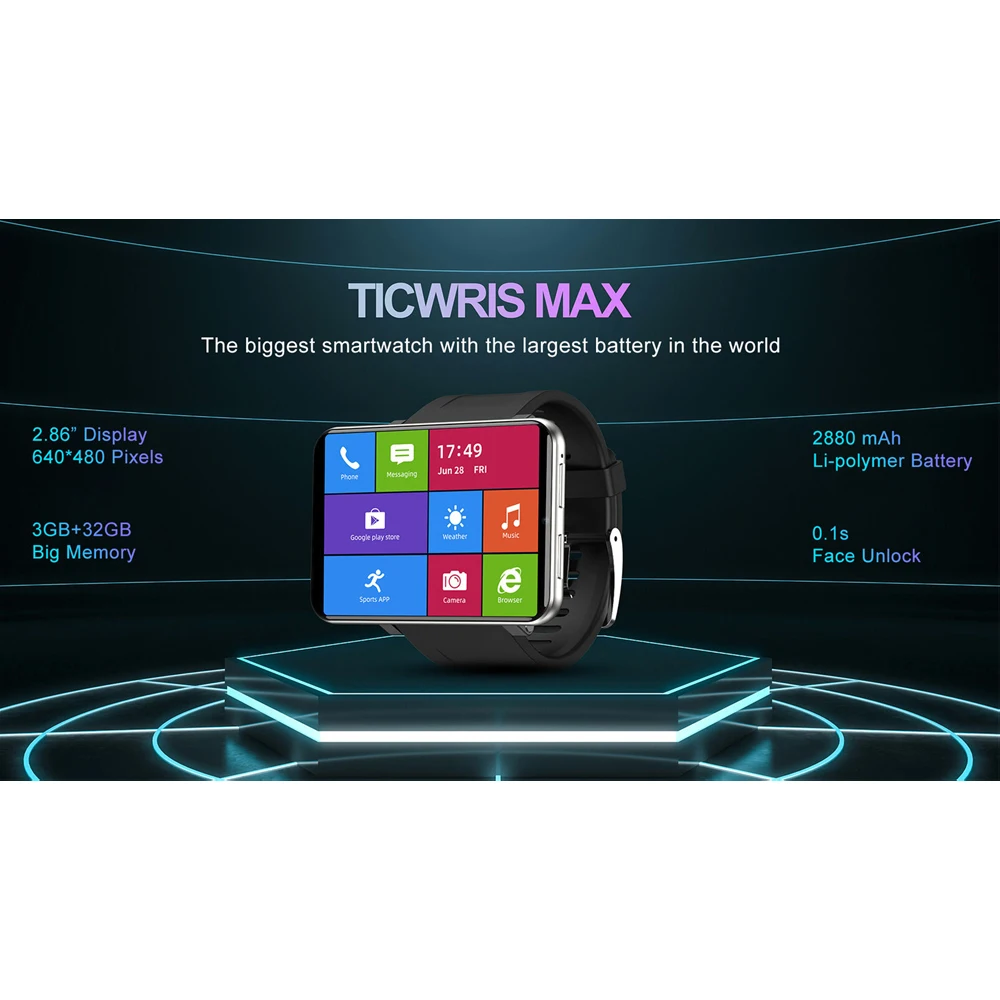 Смарт-часы TICWRIS MAX 4G GPS 3 ГБ 32 Wi-Fi браслет пульсометр 2 86 дюйма 2880 мА · ч Android