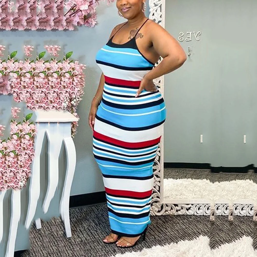 

African Ladies Spaghetti Strap Dress Striped Printed Large Size 3XL 4XL Backless Ankle Length Bodycon Evening Night Party Dress
