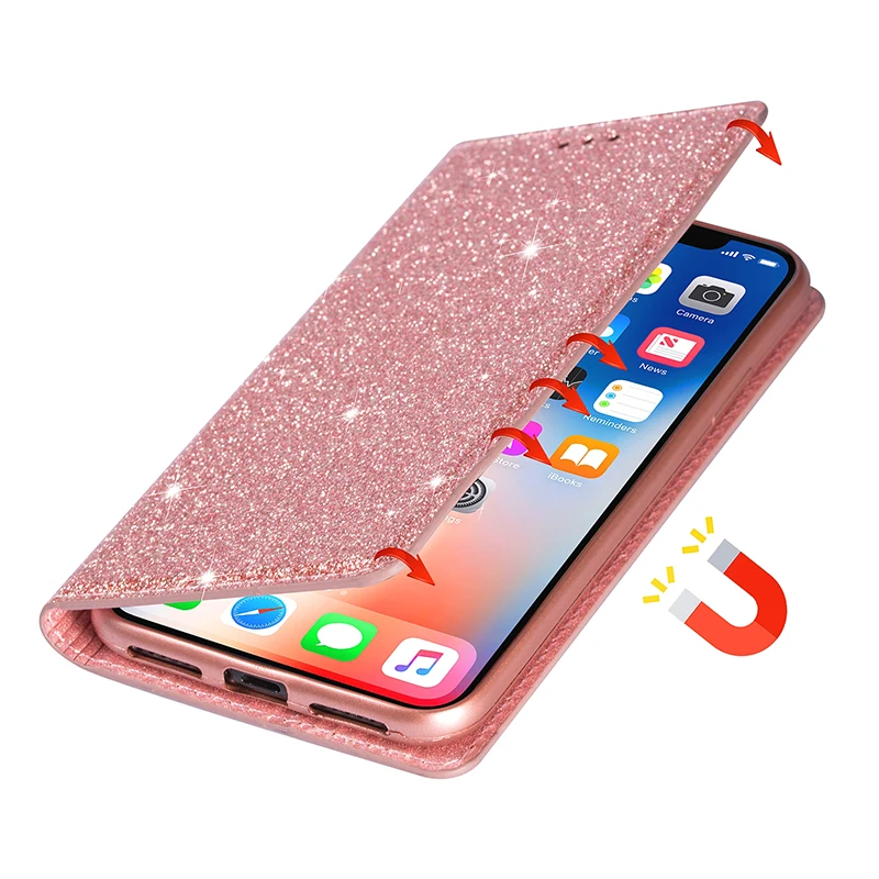 Роскошный блестящий кожаный чехол для телефона iPhone 11 Pro XS Max X XR откидной Магнитный