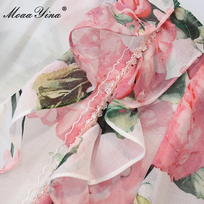 

MoaaYina Designer Summer Women Fashion Pink Floral print Chiffon Dress Ladies V-neck Ruffles Short Sleeve Elegant Holiday Dress