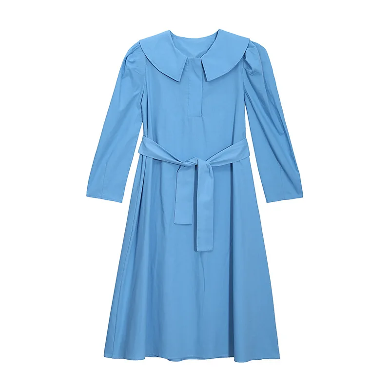 

SuperAen 2021 Autumn/winter New Solid Simple Turn-down Collar Full A Line Sashes Mid-Calf Casual Dresses Women