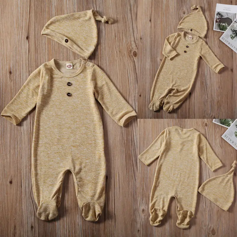 Emmababy комплект из 2 предметов для новорожденных мальчиков и девочек, хлопковый однотонный комбинезон шапка с длинными рукавами, комплект одежды