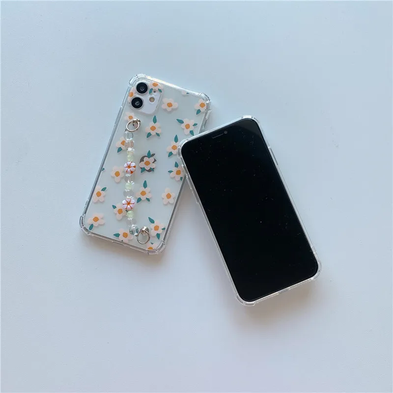 

Cute Flower Chain Wristband Phone Case For iPhone 12 11 Pro Max X XR XS Max 7 8 Plus Mini Transparent Silicone Back Cover Funda