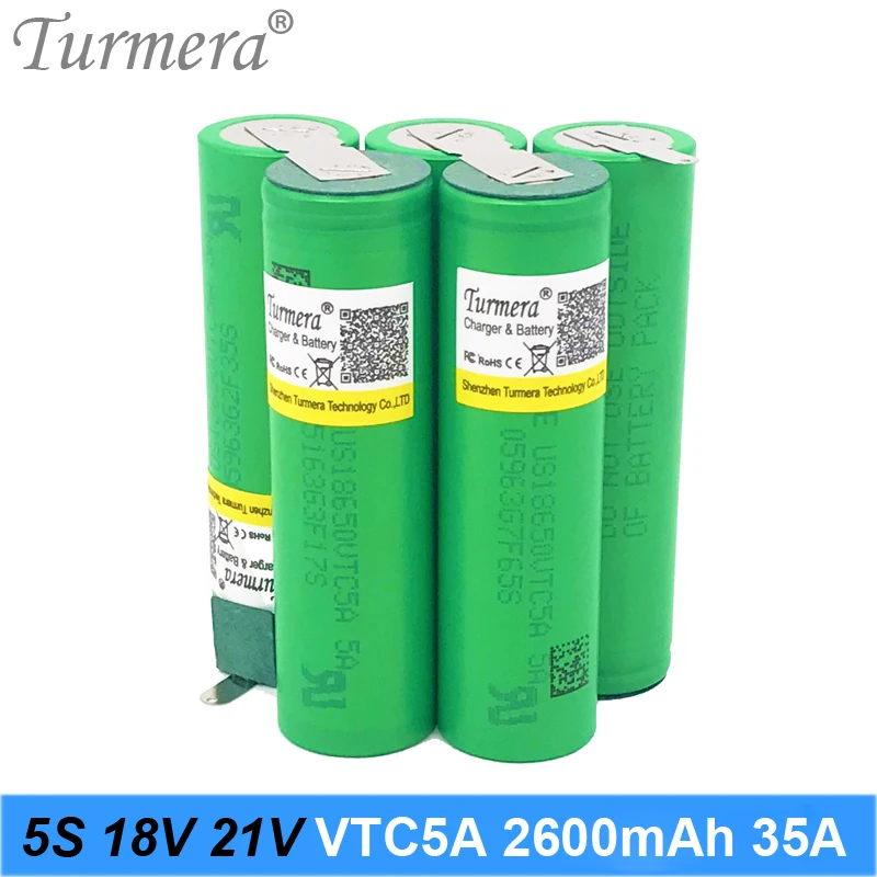 

5S паяльная перезаряжаемая литиевая батарея 18V 21V 18650 VTC5A 2600mah 35A для шуруповертов и пылесосов Turmera
