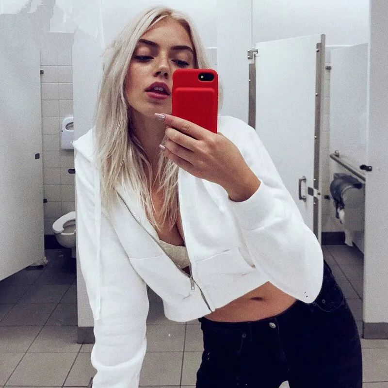 

Harajuku Women Hoodies Jacket 2019 Autumn Winter Pockets Slim Crop Female Clothes Drawstring White Sexy Hoody Cotton Coat Female