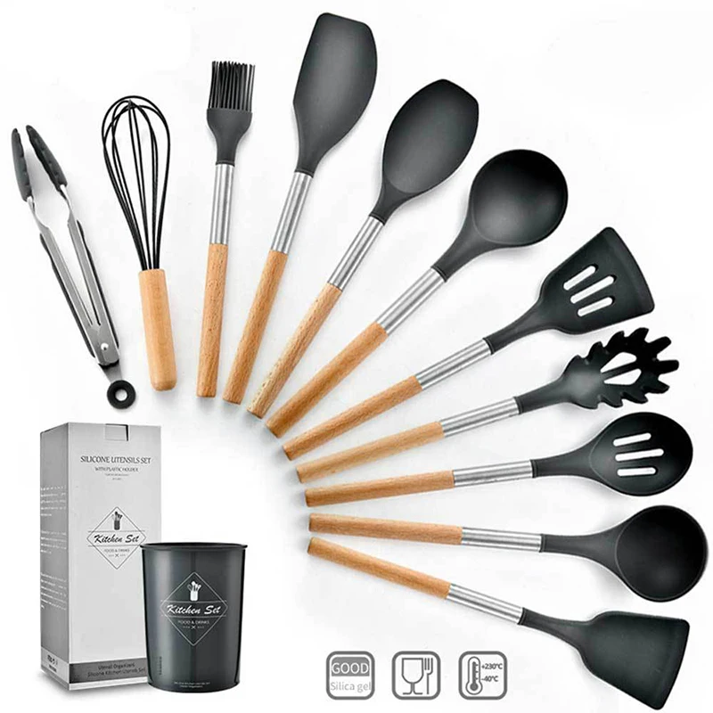 12 Pieces Cooking Tools Set Silicone+Wood Handle Kitchen Cooking Utensils Set with Storage Box Turner Tongs Spatula Soup Spoon