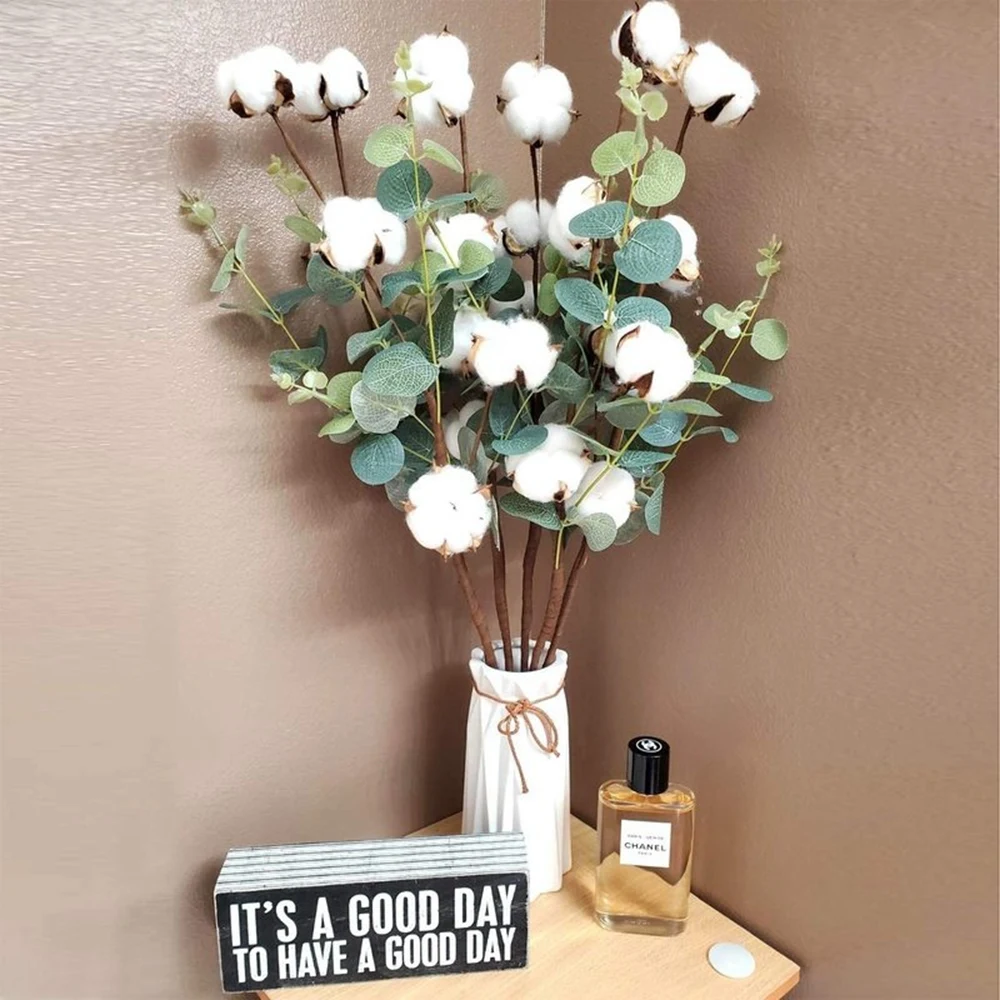 

Dried Flower Cotton Stems Artificial Eucalyptus Leaf Fake Flower Cotton Bouquet DIY Garland Home Wedding Christmas Winter Decor