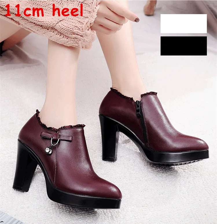 PU 11cm burgundy Qiannml/Большие размеры 32, 33-43, женская обувь с глубоким носком на каблуке, г. Теплые Меховые Туфли-лодочки на платформе женские офисные туфли на высоком каблуке - Цвет: PU 11cm burgundy