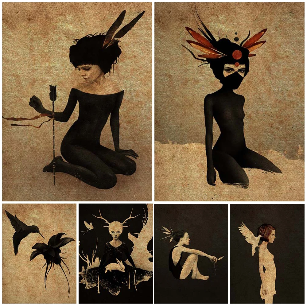 

Винтажный художественный постер с изображением охотничьей птицы и перьев для портретной девушки, Настенная живопись на холсте, Декоративн...