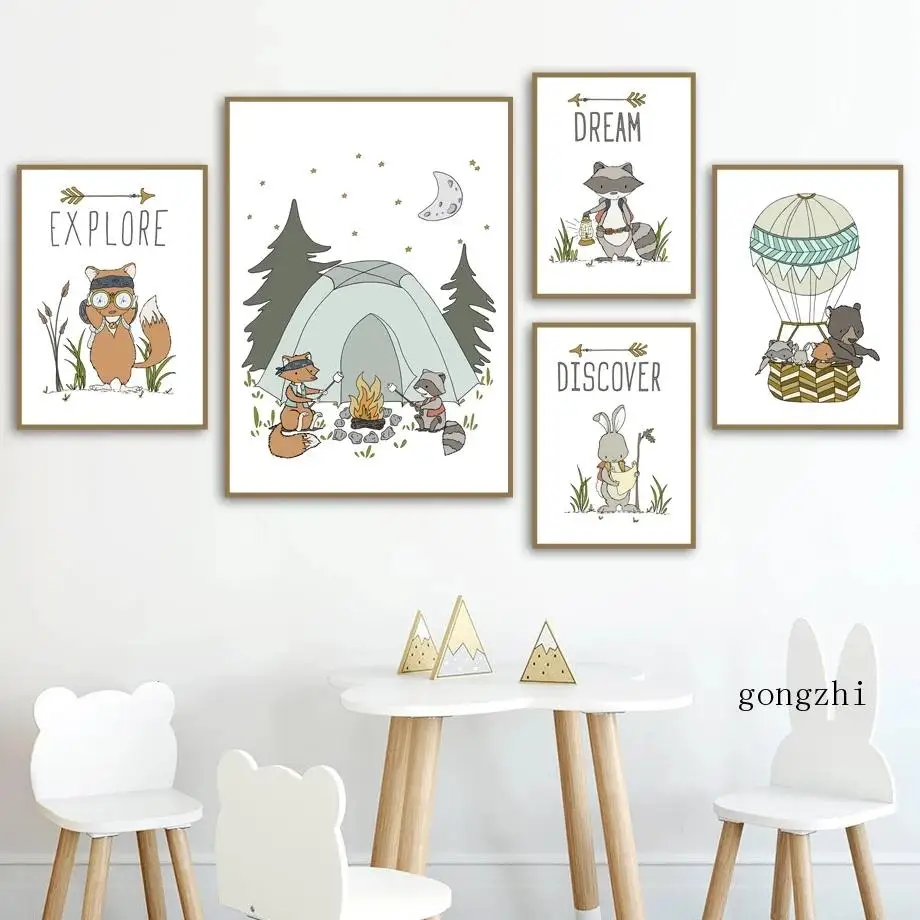 

Cartoon Fox Bear Rabbit Discover Explore Nordic Posters Canvas Painting and Prints Nursery Wall Art Picture Baby Kids Room Decor