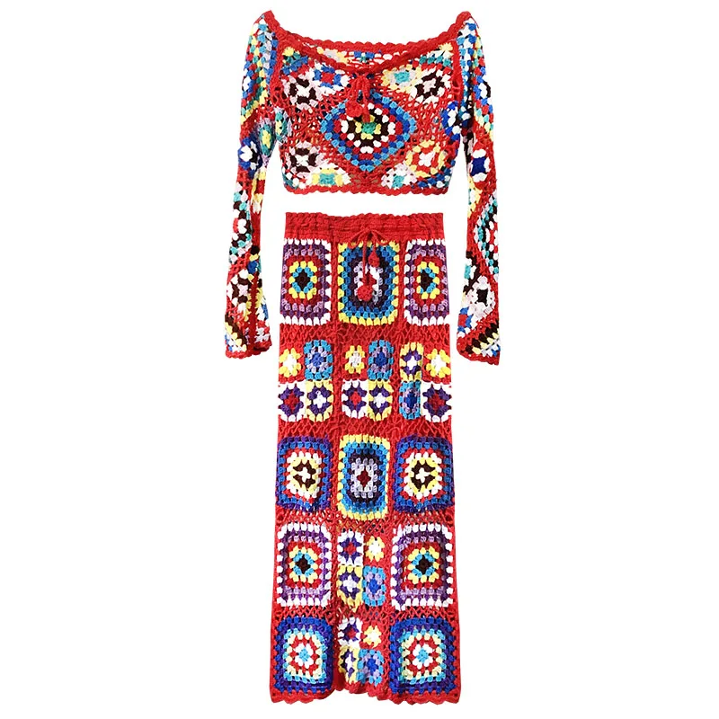 Женский богемный Костюм-двойка ручной работы вязаный крючком с открытыми