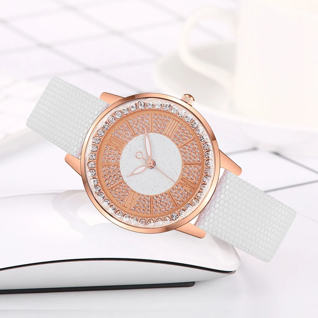 Ladies Casual Watch Women Rose gold dial Leather Strap Quartz Wristwatches Luxury Brand Women's diamond Fashion Bracelet Clock | Наручные