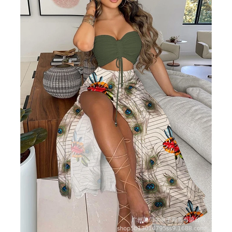 

WEPBEL Women's Sexy Printed Slim Suit Summer Lace-up Pleated Strapless Backless Bra + High Waist Loose Wide Leg Pants Suit