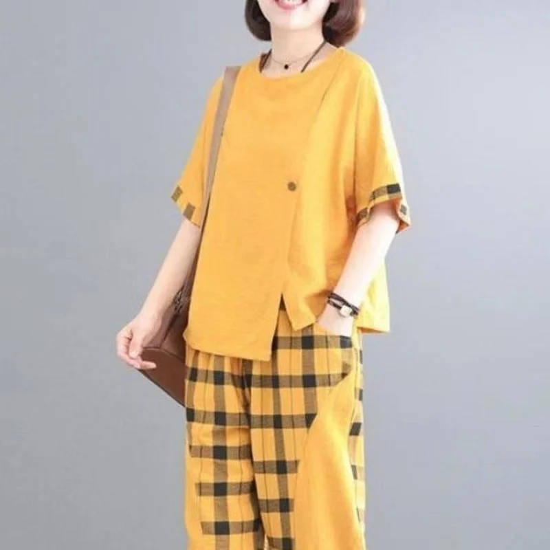 

2021 New Summer Women Korean Cotton Loose Plaid Print Two-piece Set O-neck Short Sleeve Top + High Waisted Casual Pants Y159
