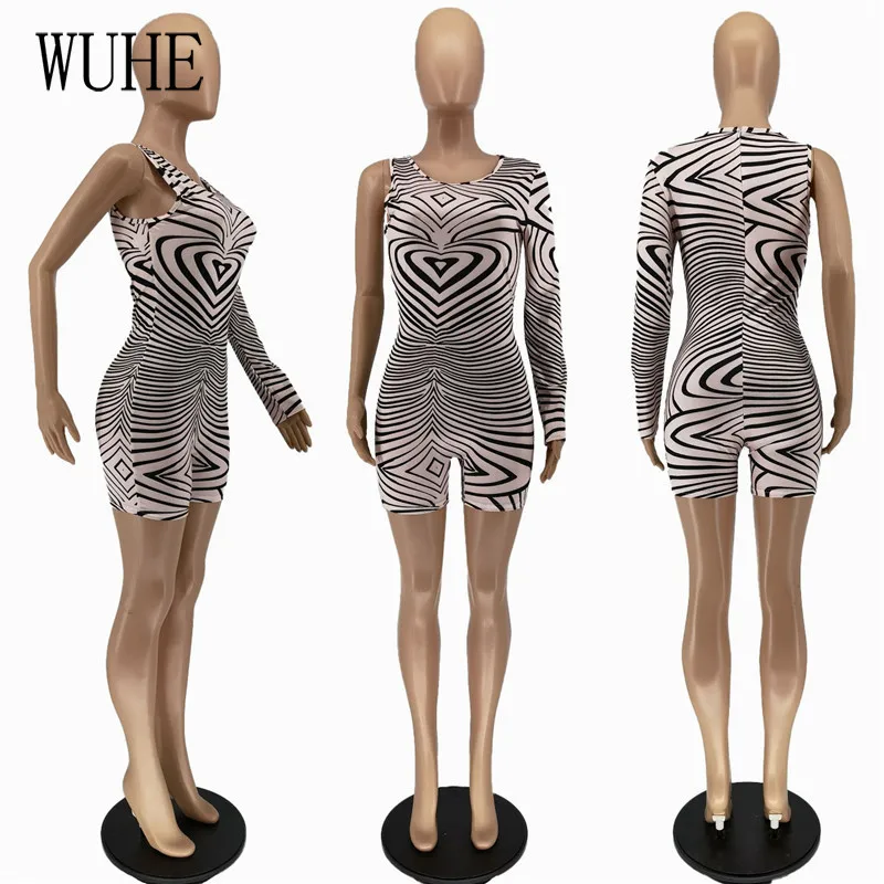 

WUHE Zebra Pattern Stripe Rompers Sexy Vintage One Shoulder Long Sleeve O Neck Skinny Package Hip Streetwear Nightclub Overalls