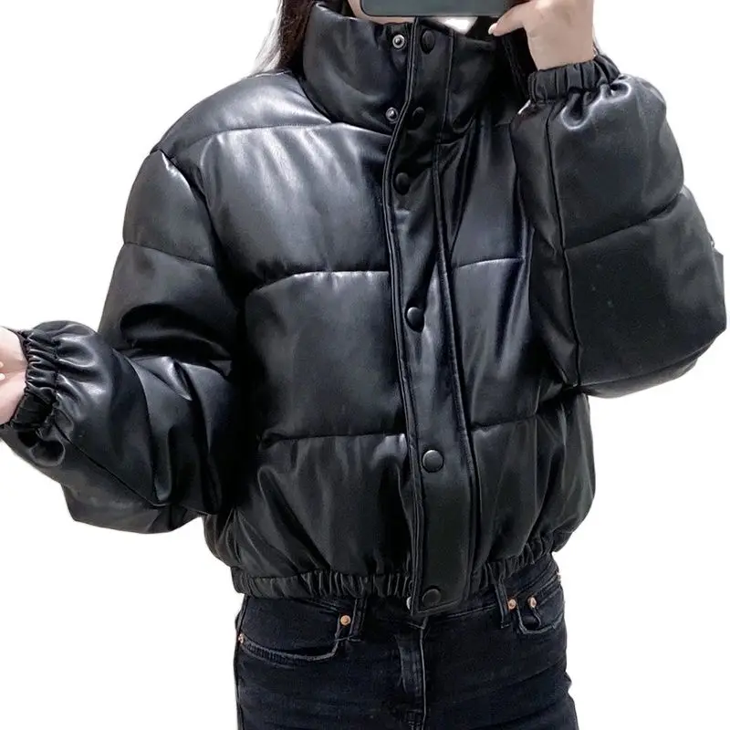 Parka Women Streetwear Long Sleeve Padded Jacket 2021 Single Breasted Thick Warm Coat Faux Leather Winter PU Black enlarge