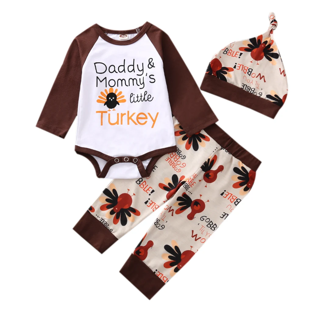 

2020 Thanksgiving Children 3pcs Set Toddler Turkey Print Long Sleeve Crew Neck Bodysuit + Pants + Hat 0-12M For Baby Girl Boy