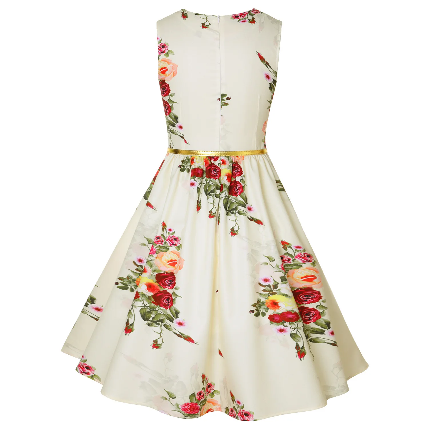 

2021 new women's round neck sleeveless print retro A-line big swing dress with belt