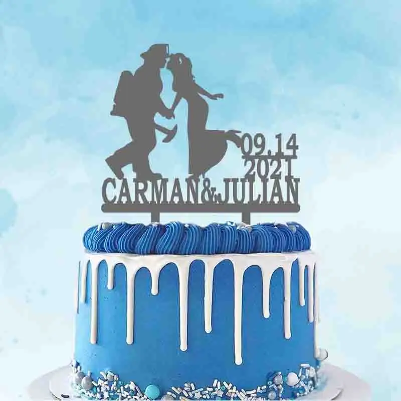 

Custom Couple Name Wedding Date Fireman Kisses The Bride Firefighter Cake Topper For Fireman Wedding Cake Decoration Topper