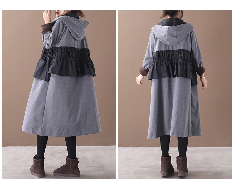 female new autumn and winter plus size korean style outerwear literary ruffled stitching hooded with velvet loose trench