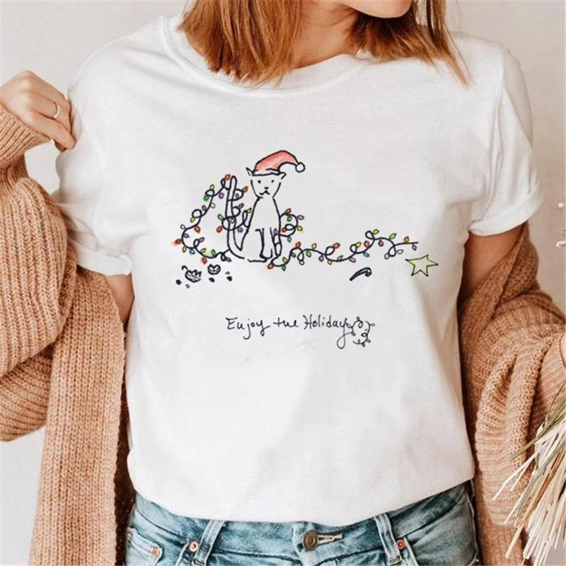 

Merry Christmas Tree 90s Style Lovely Women New Year Clothes T-shirts Cartoon Fashion Tshirt Holiday Top Female Graphic Tee