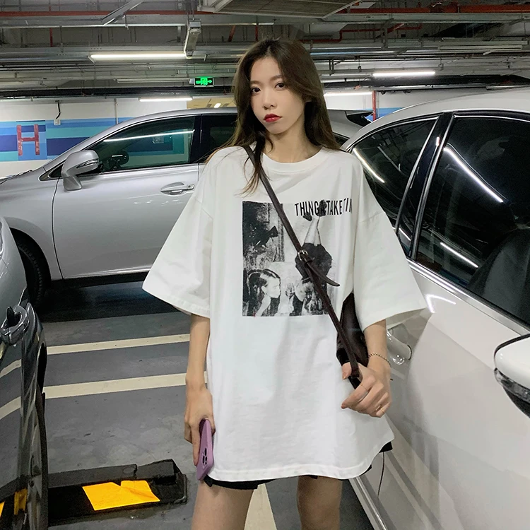 

2964 women new loose mid-length American retro print couple large version short-sleeved T-shirt