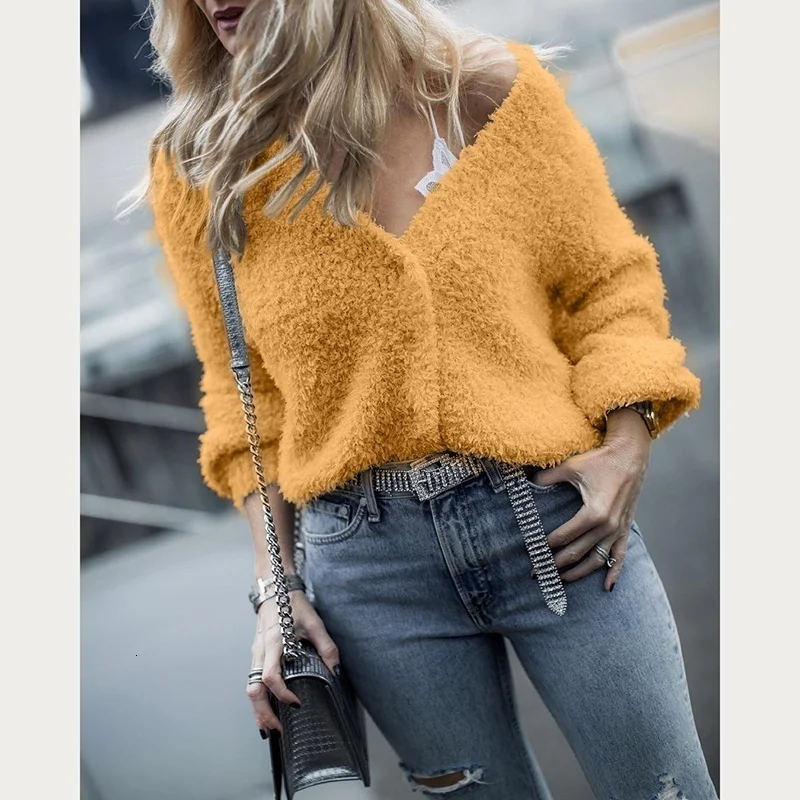 Осенняя Сексуальная женская вязаная одежда с v образным вырезом и длинным