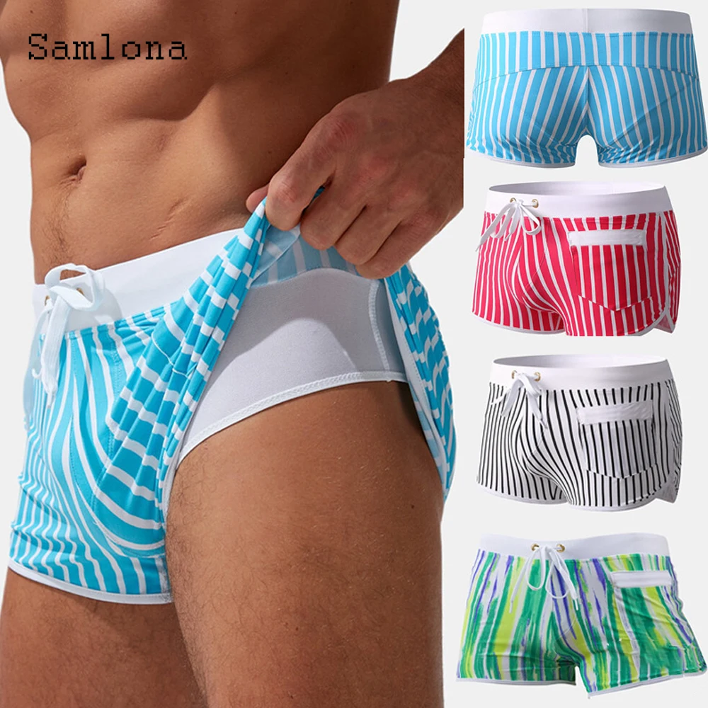 Men Patchwork Shorts Summer Fashion Pockets Sriped Beach Shorts Male Casual Drawstring ultrashort Panties Sexy Mens Clothing