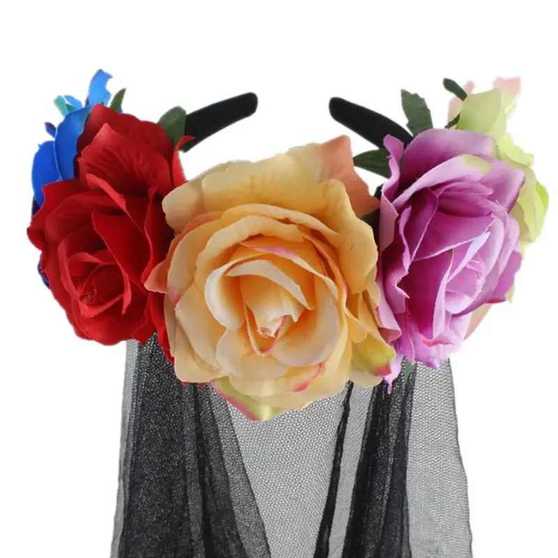 Halloween Wreath Headband Handmade Fabric Rose Flower with Black Mesh Veil Tulle Crown Festival Day of The Dead Hair Hoop