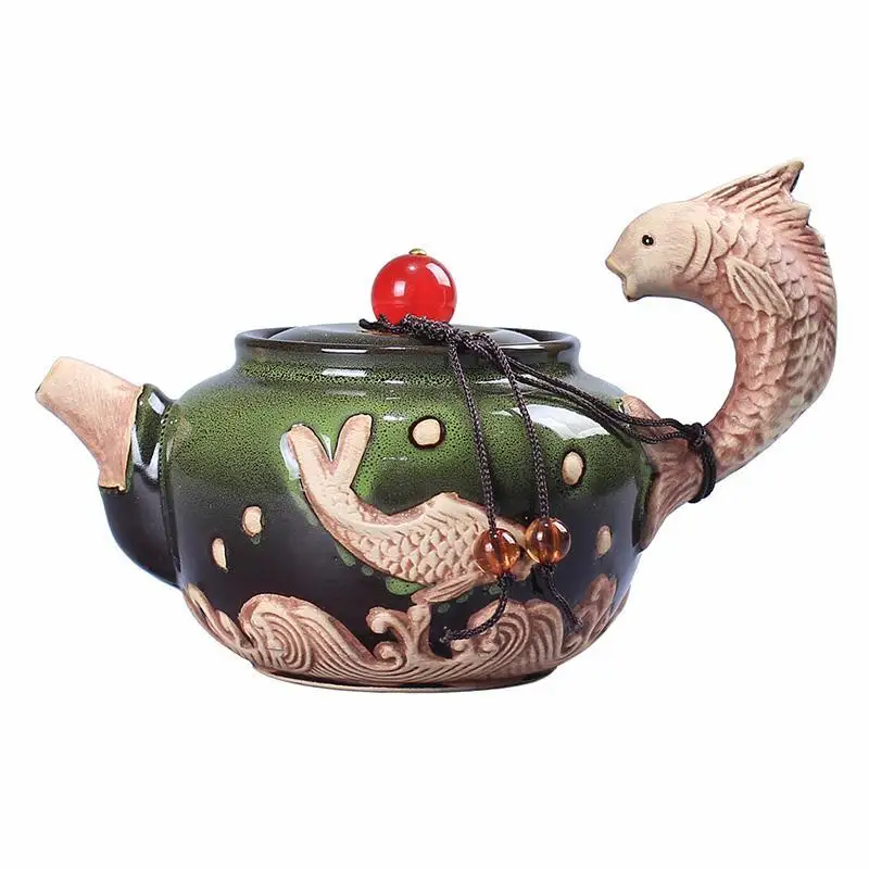 

Ceramic glaze Ceramic Teapot Red art agate tea pot 3D carp Flower Puer Tea Pot 210ml Porcelain Kungfu Teaware bottle