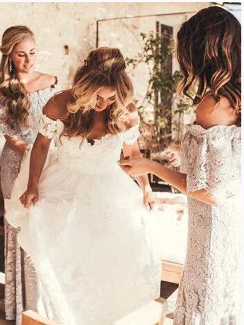 Boho для свадьбы кружевное платье с открытыми плечами короткими рукавами