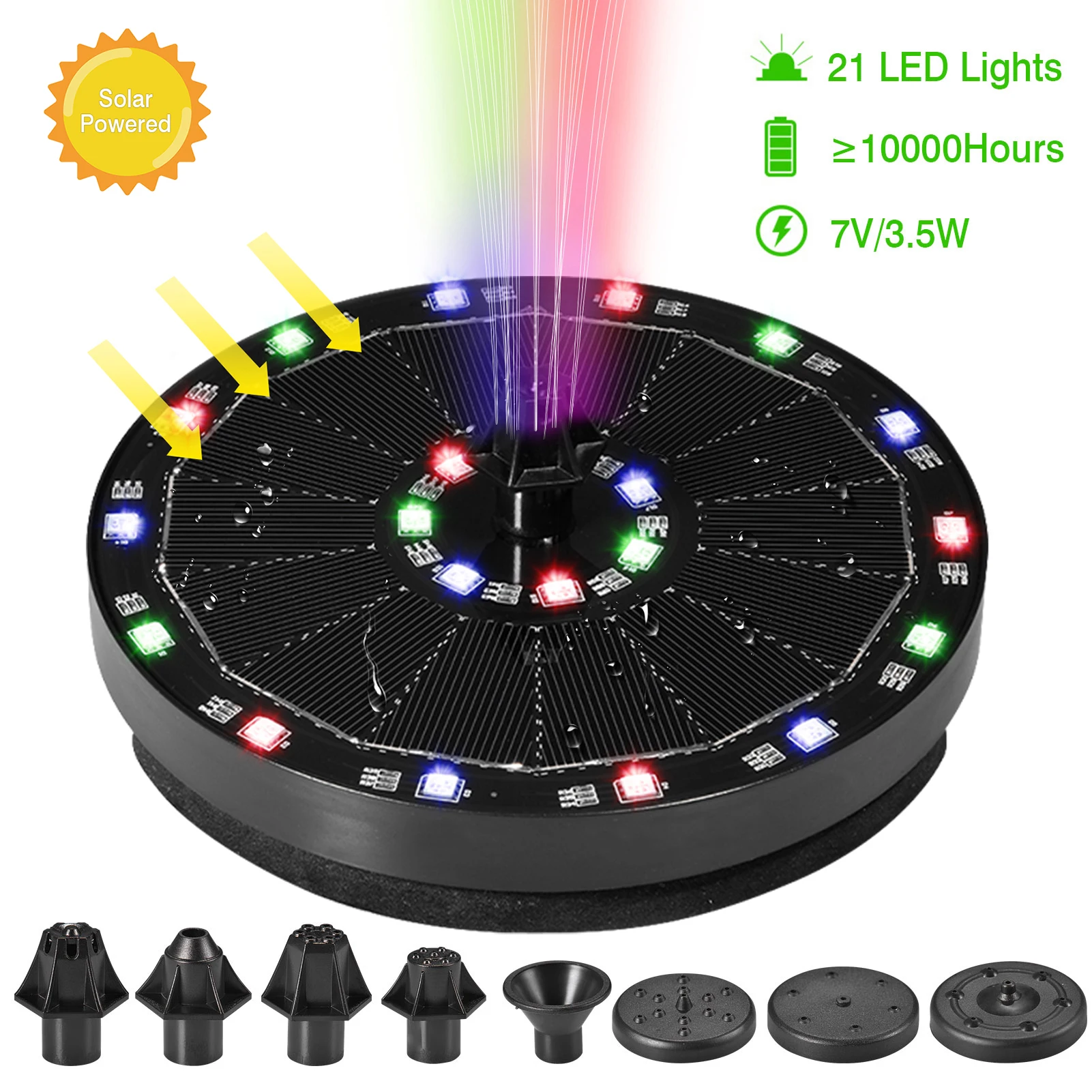 7V/3.5W Solar Fountain 2 in-1 Pools Fountains Colorful 21 Lights Swimming Pump Panel Solar Powered Fountains Garden Decor