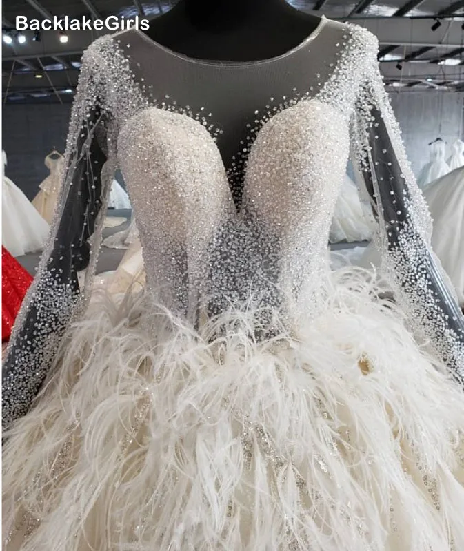 Высокая Класс Свадебные платья с длинными рукавами и головной повязкой пером 2020